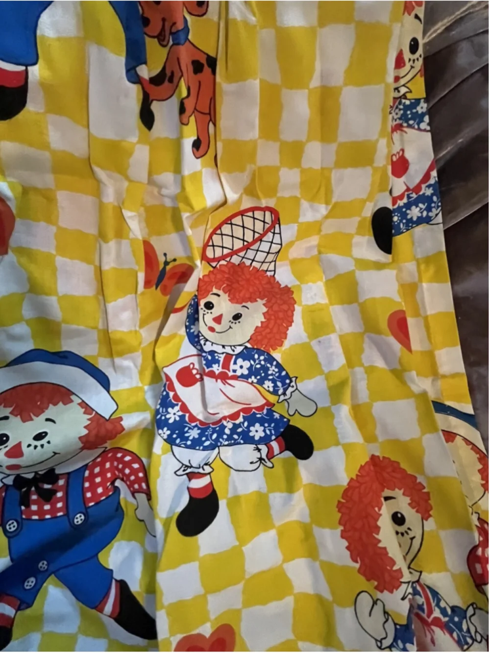 vintage raggedy ann and andy curtain panel pair set yellow checkered SEE PICTURE